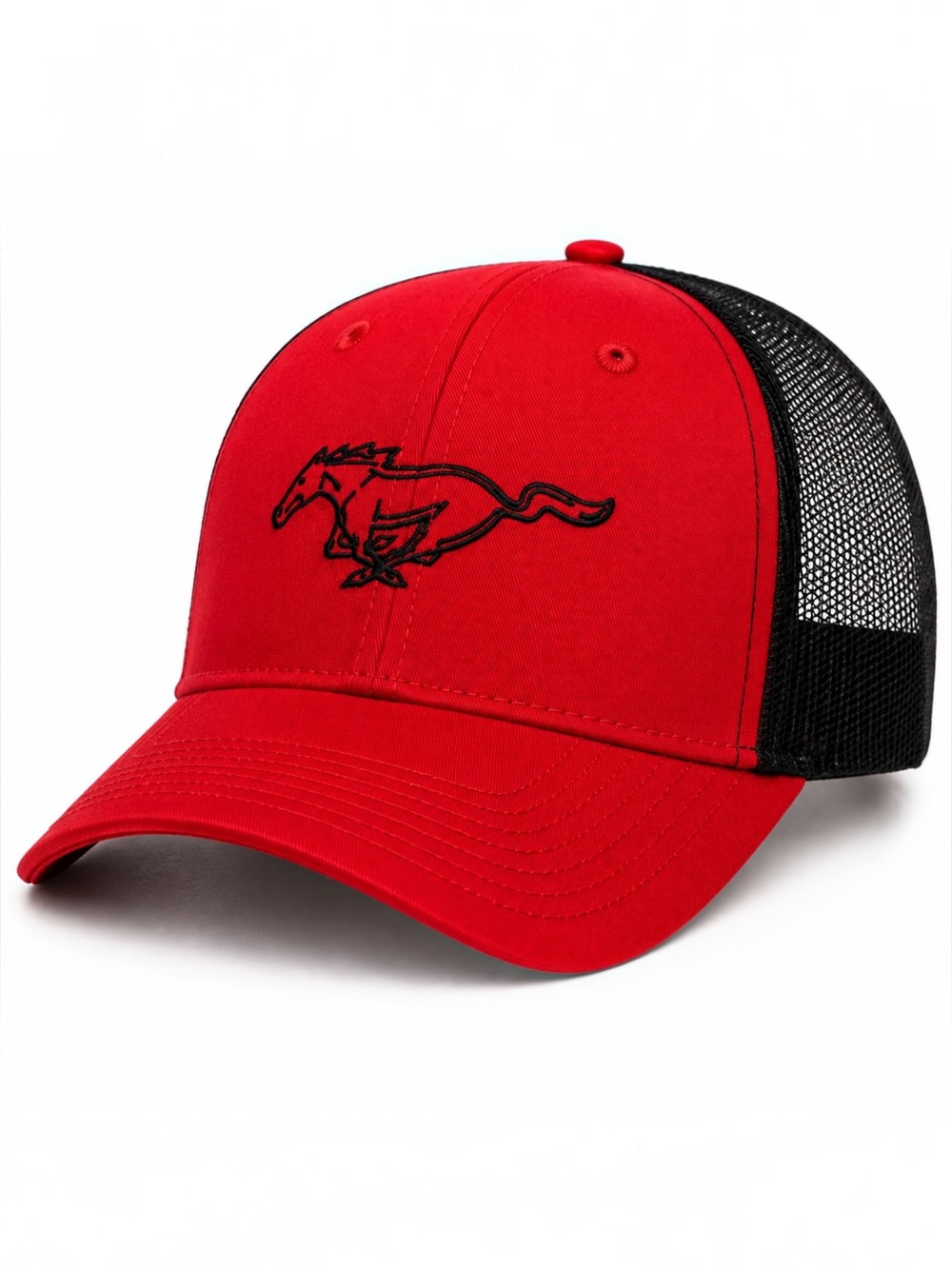 Ford Mustang Red Black Trucker Hat With Running Pony Logo Snapback NWT